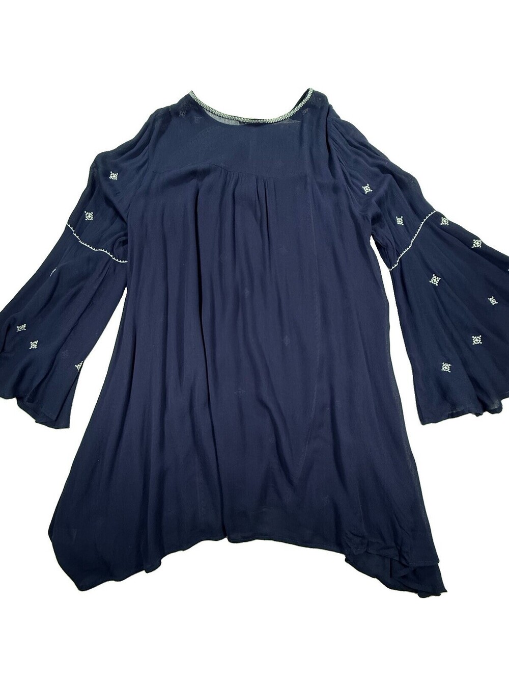 Umgee XL Navy Blue Embroidered Boho Tunic Bell Sleeve Peasant Blouse Cotton - Picture 4 of 12